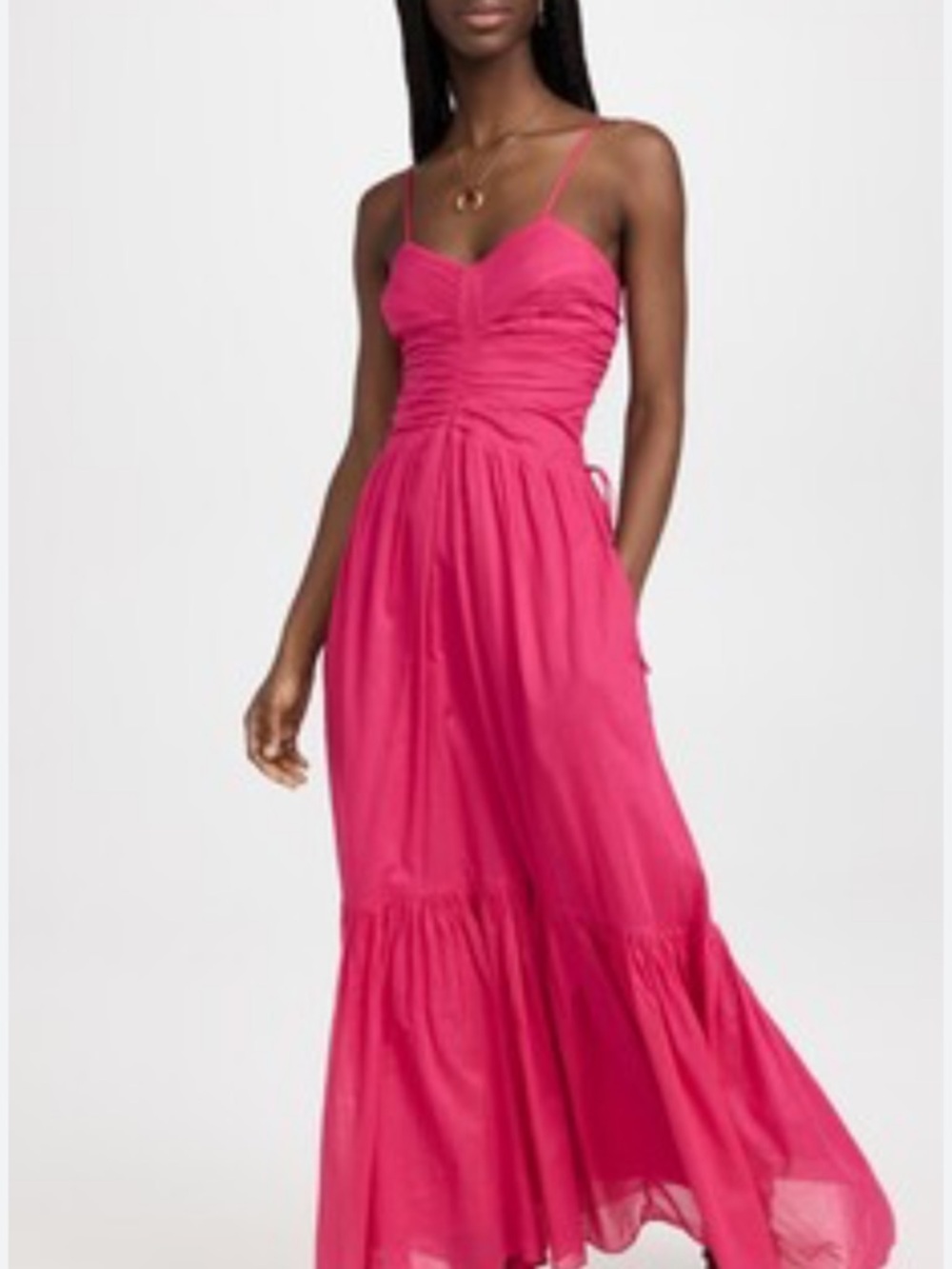 Fuchsia Pink Ruched Bodice Spaghetti-Strap Maxi Dress